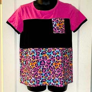 New Women’s Plus Size 2XL Hot Pink Black Leopard Print Coloblock T-shirt Top